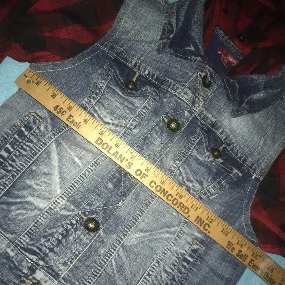 𝅺BONGO denim and plaid button up jacket with detachable hood Y2K size M - Picture 6 of 10
